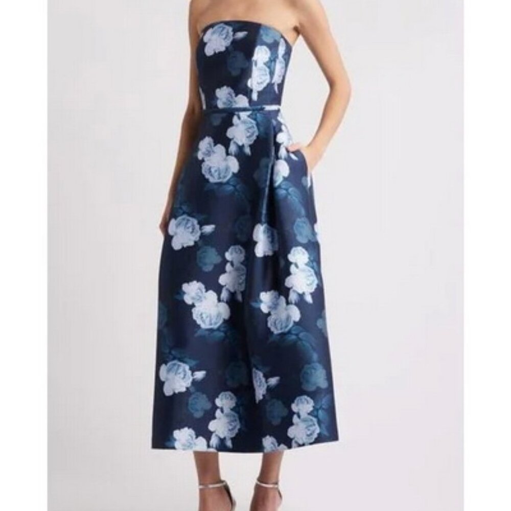 Sachin & Babi Midnight Glacial Rose Shay Floral Strapless Mikado Midi